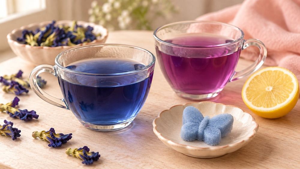 A cup of blue tea next to a cup turned purple with lemon