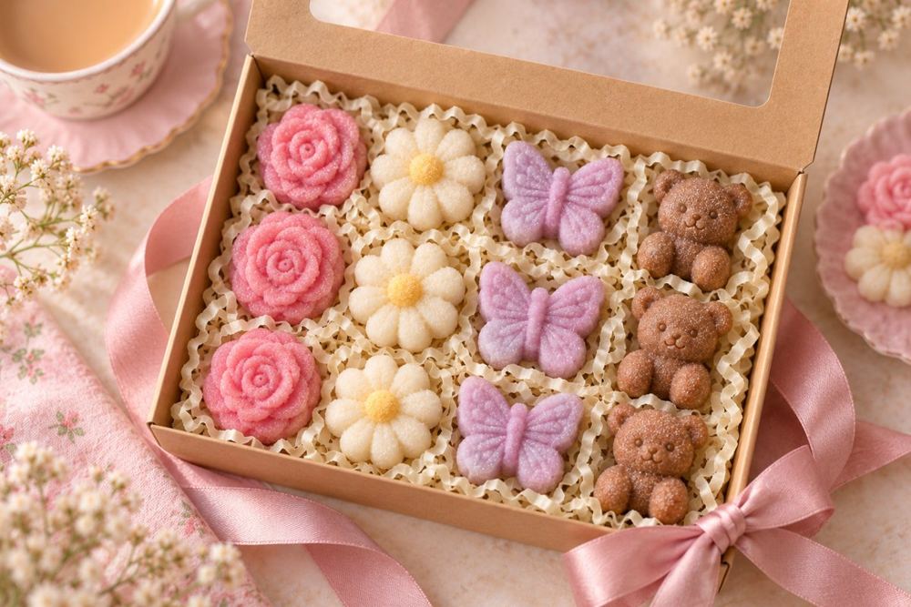 A gift box of pastel tea charms: roses, teddies, butterflies and daisies