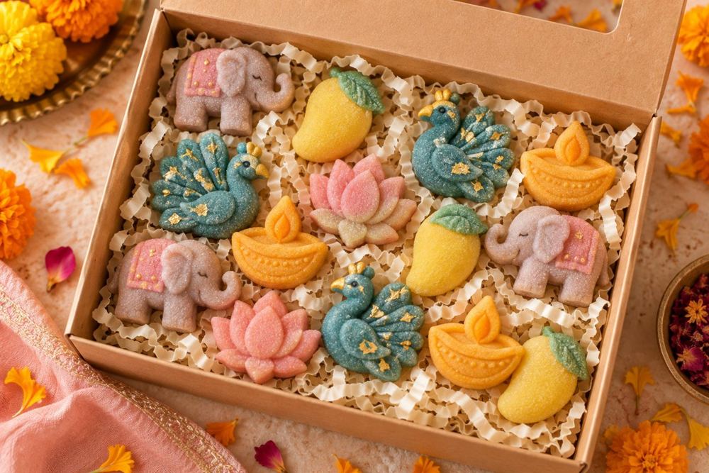 A festive box of elephants, peacocks, lotuses and diyas