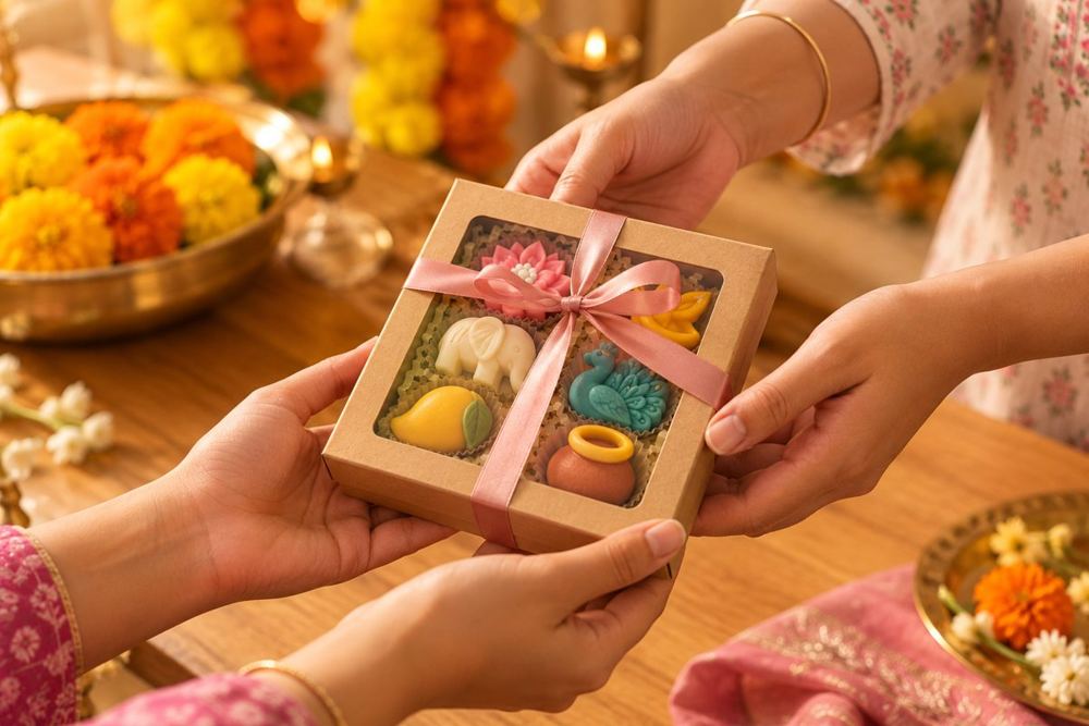 Hands handing over a festive box of tea charms